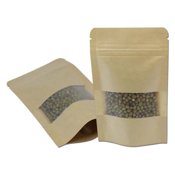 

50pcs Stand Up Bag Brown Kraft Paper Bag Pouches With Clear Window Reusable Coffee Powder Beans Tea Bags Self Seal Snacks Bags