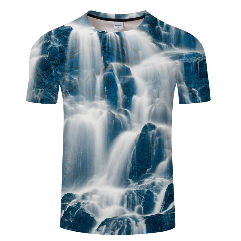 

Summer leisure man t shirt, white waterfall landscape pattern print men and women short sleeve t shirt