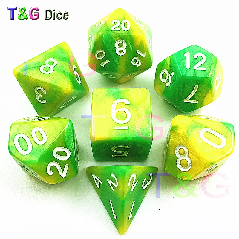 

Top Quality 7pcs Mix Color Gemini Dice Set with Nebula Effect Dados Board Game Rpg Juguetes Light Yellow Green Digital
