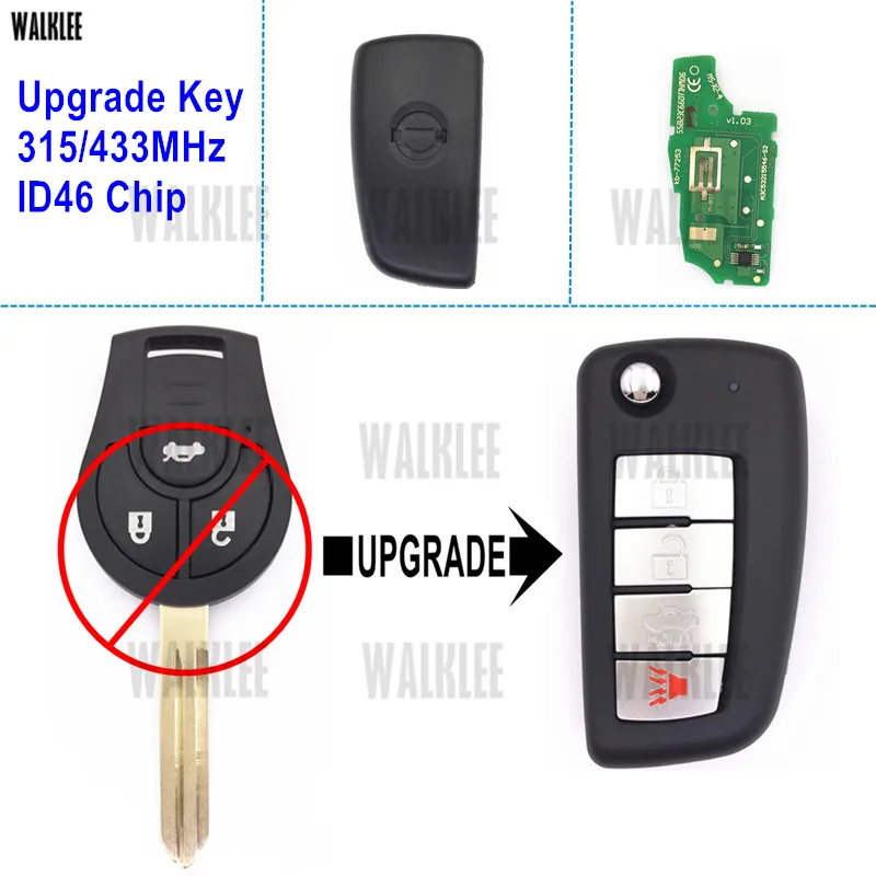 

WALKLEE 315MHz/433MHz Upgrade Flip Key for Nissan Remote Altima Note March Qashqai Sentra Tiida Sunny X-Trail ID46 Chip