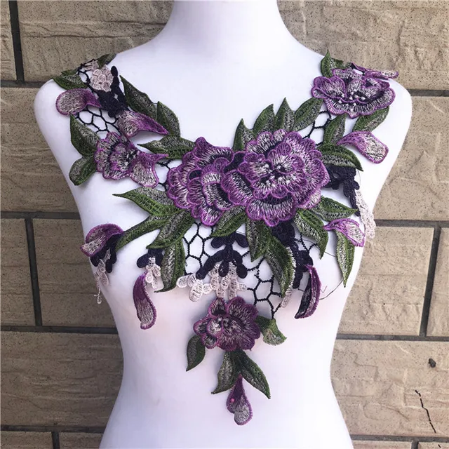 1pc greenred flower embroidery applique pacthes lace fabric neckline