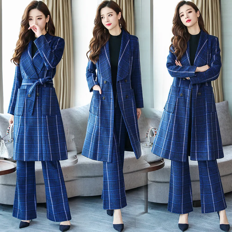 

Women Spring Office Two Pieces Set Plaid Long Double Breasted Blazer And Long Pant Suit Casual Coats Workwear Women Sets 008FD