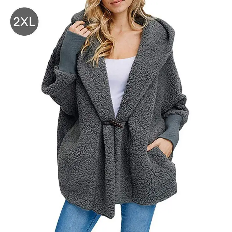 MISS M Autumn And Winter Faux Fur Warm Coat Women's Pocket Buckle Plush Hooded Jacket Female Thick Warm Fur Loose Overcoat Lady