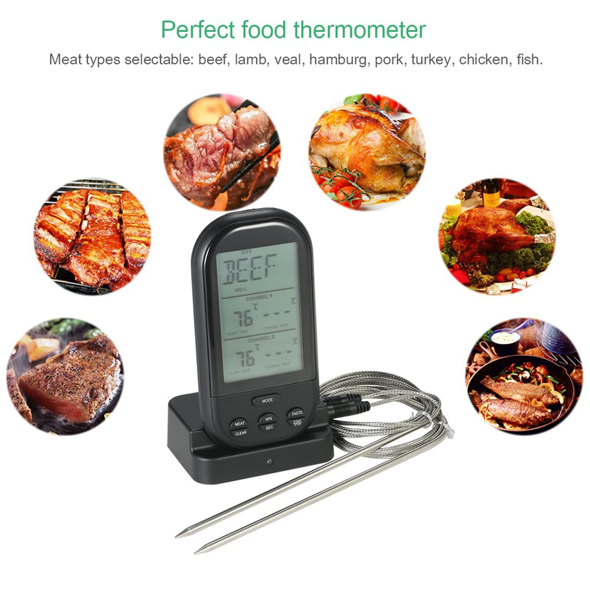 Беспроводной термометр для пищевых продуктов двойной зонды цифровой Температура Таймер сигнализации духовка принадлежности для шашлыков