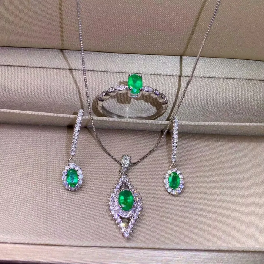 

SHILOVEM 925 sterling silver Natural Emerald rings pendants stud earrings classic fine Jewelry wedding women jctz04060305agml