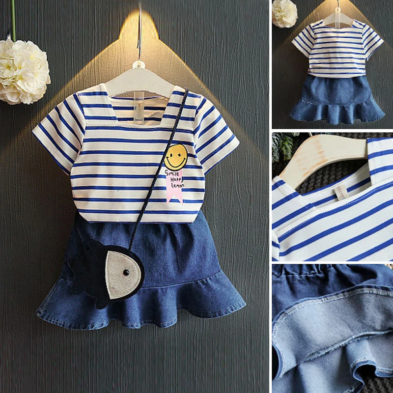 

JENYA Baby Girls Clothing Set 2017 Summer New Style Small Infant Striped Short Sleeve Smile T-shirt+Jean Denin Skirt 2Pcs Set