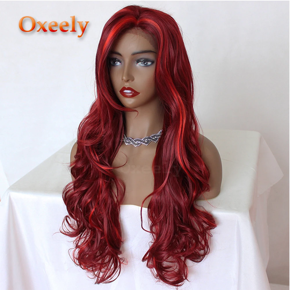 Oxeely Body Wavy Synthetic Lace Front Wig Long Hair Red/Burg Hair Free/Side Part Glueless Front Lace Wigs for Black Women
