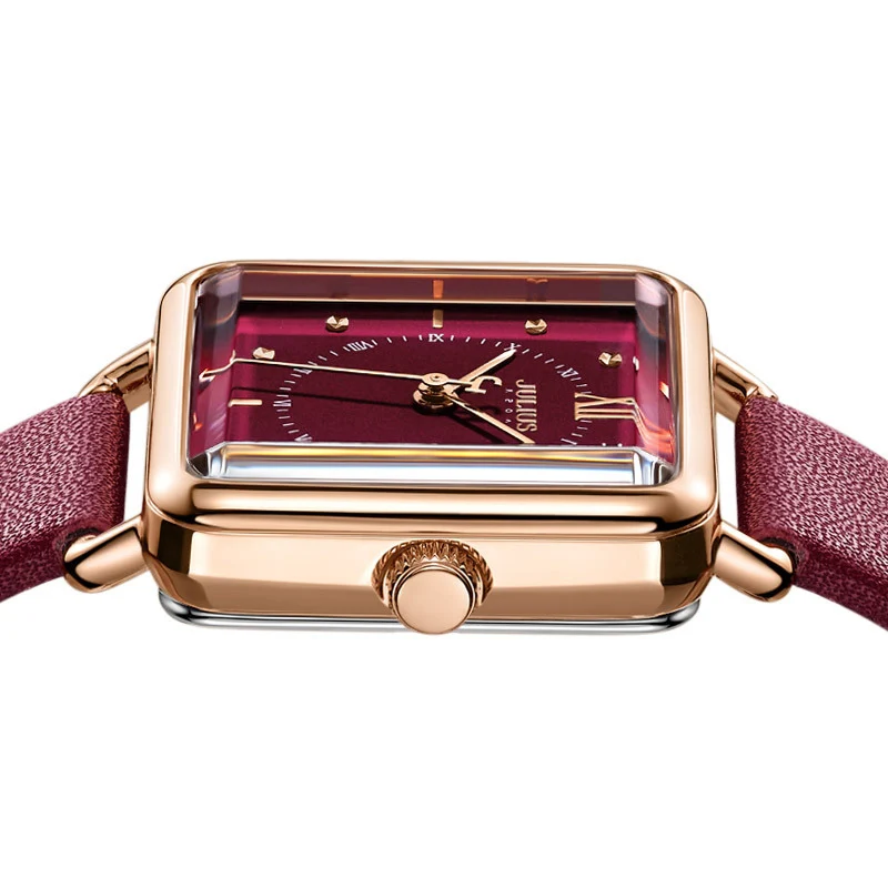 Tanie Julius marka Lady retro czerwona kwadratowa skórzana zegarek kobieta dorywczo wodoodporna sukienka kwarcowy na rękę zegar Montre Femme prezent