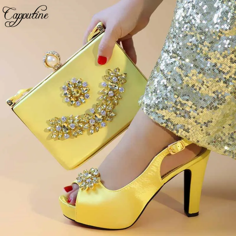Capputine 2019 New Italian Rhinestone Woman Shoes And Bag To Match Set Nigerian Style High Heels Shoes And Bag Set For Party