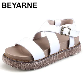 

BEYARNE 2018 Summer Women Shoes Sandals Peep-toe Flat Open Toe PU Leather Roman Female Casual Sandals Shoes Plus Size