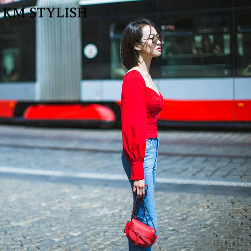 2018 Autumn Star Street Shooting Women Set Slim Waist Red V-neck Puff Sleeve Long Sleeve Cotton Top + Casual Shredded Jeans Women's Sets