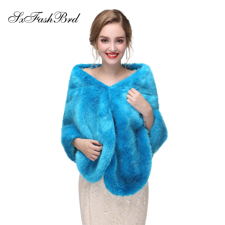 

Warm Faux Fur Stoles Wedding Wrap Winter Wedding Bolero Jacket Bridal Blue Wraps Coat Accessories Wedding Cape Coat