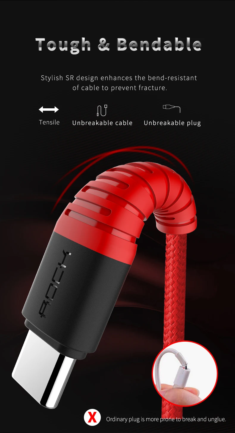 ROCK 3A usb type-C кабель высокопрочный usb type-c кабель для быстрой зарядки и синхронизации данных для Galaxy S8 plus Note 8 Oneplus 2 Xiaomi