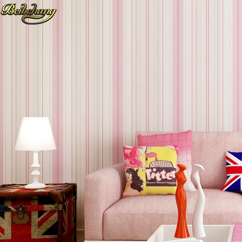 papel parede- Modern Mediterranean Blue Pink Stripe Wall Paper Non-woven Wallpaper Roll Decor Mural Creative Papel de Parede