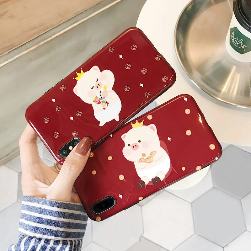 

2019 New Cute Pig For Iphone 6 6S 7 8plus X Xs Xr Xsmax Wine Red New Year Soft Shell Phone Case