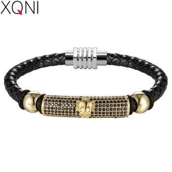 

XQNI 4 Colors 5 Sizes Skeleton Micro Inlaid Cubic Zircon With Round Ball Genuine Leather Bracelet Stainless Steel Magnet Buckle