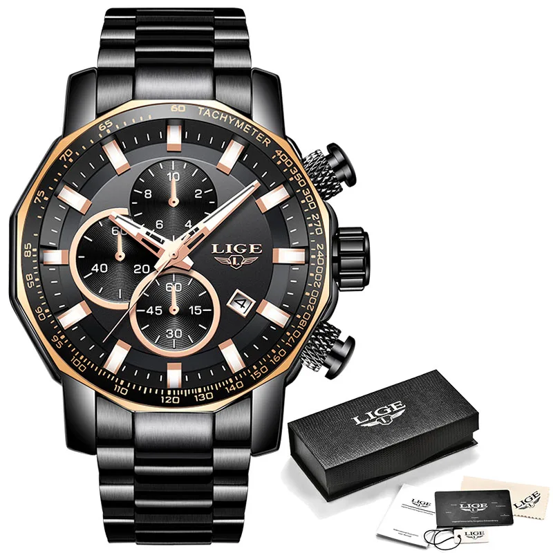 LIGE многофункциональные брендовые Роскошные деловые часы мужские s наручные часы повседневные модные водонепроницаемые кварцевые часы кожаные часы мужские - Цвет: Full black