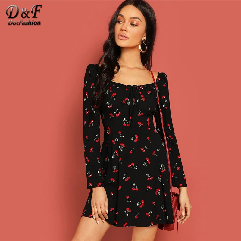 

Dotfashion Black Tied Square Neck Cherry Print Dress Women 2019 Clothing Elegant Autumn A Line Spring Square Neck Mini Dress
