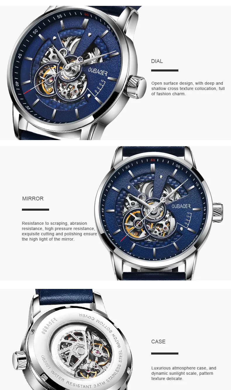 Роскошные модные автоматические механические кожаные мужские часы OUBAOER Лидирующий бренд деловые спортивные водонепроницаемые часы со скелетом для мужчин