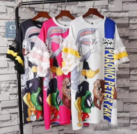 

Women Oversize Ruffle Spliced Flare Sleeve Loose Dress Hot Cartoon Bunny Animal Print Summer Dress Plus Size Casual Tops Blouse