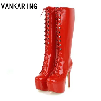

VANKARING patent leather women thigh high boots autumn winter knee high boots women super high heels knee high boots red booties
