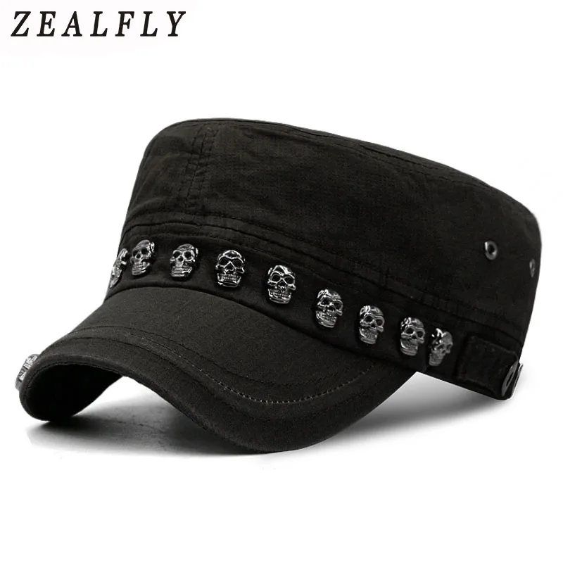 

Hip Hop Skull Flat Hats Punk Rivet Ring Men Army Hat Cool Woman Casual Baseball Cap Brand Fitted Hats 2017 New