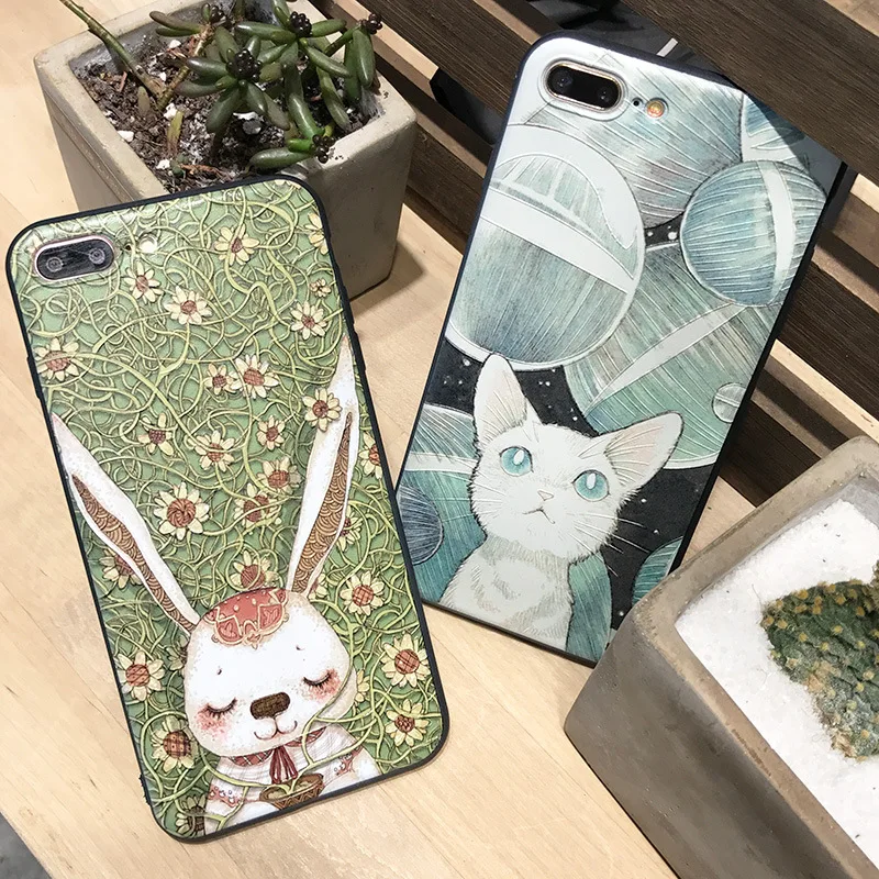 

JAMULAR Cute rabbit Cat 3D Emboss Phone Case for iPhone 6S Plus 7 8 Plus Silicone Soft Flower cover for iPhone X XS MAX XR Coque
