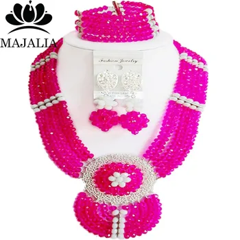 

Trendy Hot Pink Nigerian wedding African beads jewelry set crystal necklace bracelet earrings Majalia A well-known brand 1072
