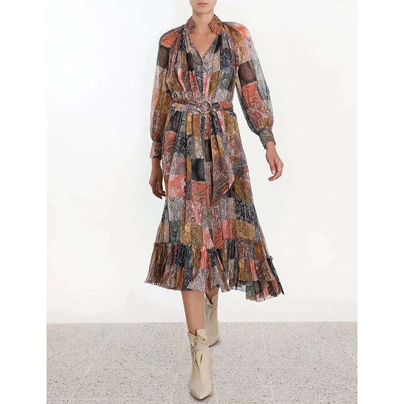 

2019 spring and summer 100% silk women's printing stand collar long-sleeved ruffled retro elegant women's dress