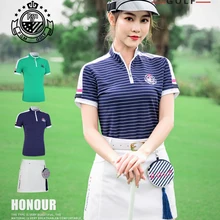 Новая женская спортивная одежда для гольфа, летняя полосатая футболка с коротким рукавом и воротником на молнии, дышащая быстросохнущая спортивная рубашка для гольфа, топы