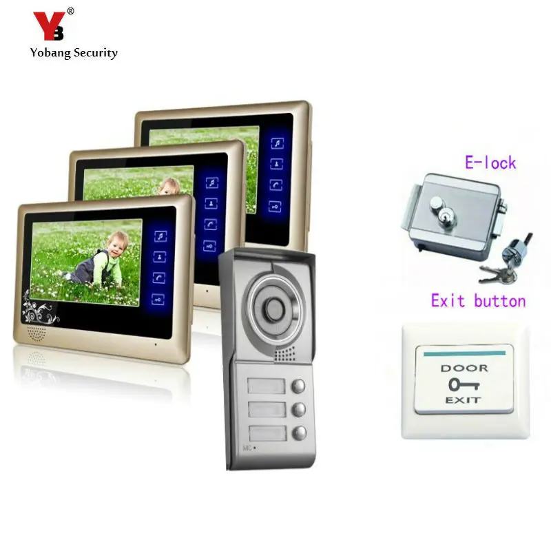 Yobang Security 7\ Color Apartment Video Doorbell Doorphone Intercom Outdoor Camera+3 Monitors for 3 Family/House Electric lock