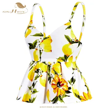 

SISHION Crop Top 2020 Summer Tops Sexy Vintage Lemon Cherry Floral Print Pleated Corset Vest Beachwear Tank Top VT0002