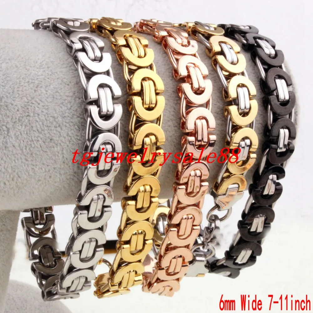 

6mm Wide New Fashion Silver Rose Gold Black Stainless Steel Byzantine Box Chain Bracelet Cool Womens Mens Jewelry 7-11"