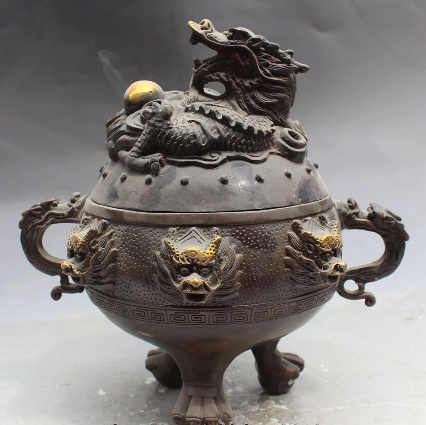 

S0025 10" Old Marked Chinese Bronze Gilt Nine Dragon Beast Head incense burner Censer D0318