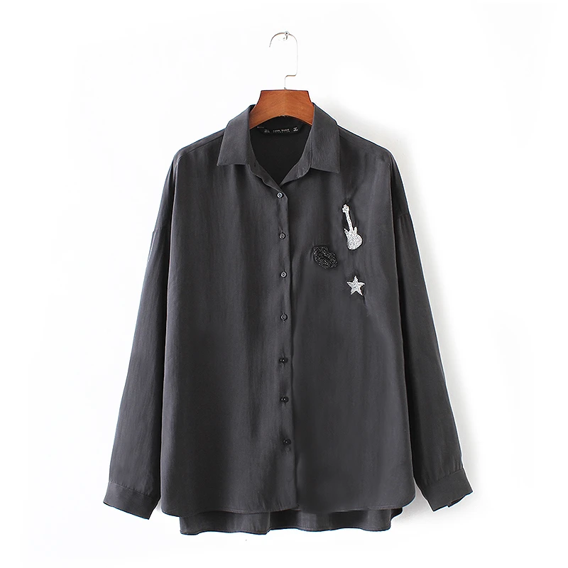 2017 primavera negro Camisas diamantes Guitarras estrella Parches dobladillo desigual Blusas Camisas manga larga abajo collar fmeale blusa|shirt cutting|shirts apparel - AliExpress