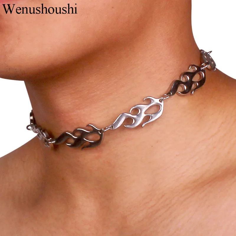 

geometric chic hip hop flame Choker Necklaces men Harajuku streetwear Flame Necklace women Punk Accessory Rock Chain di137