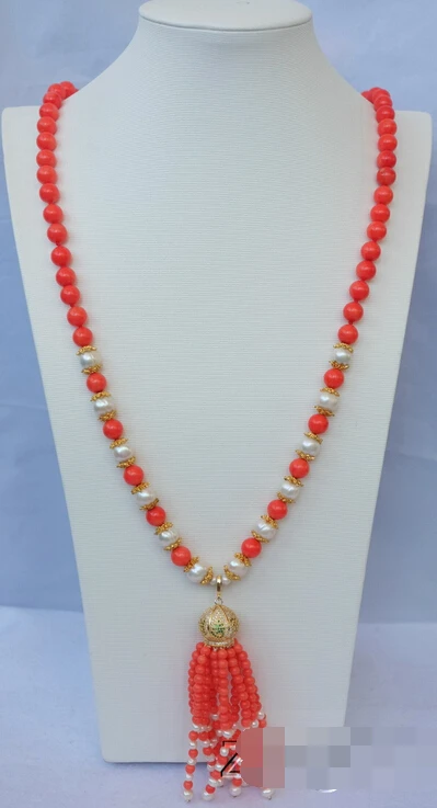 

huij 004003 36'' 9mm Orange Coral&White Pearl necklace-zircon Pendant