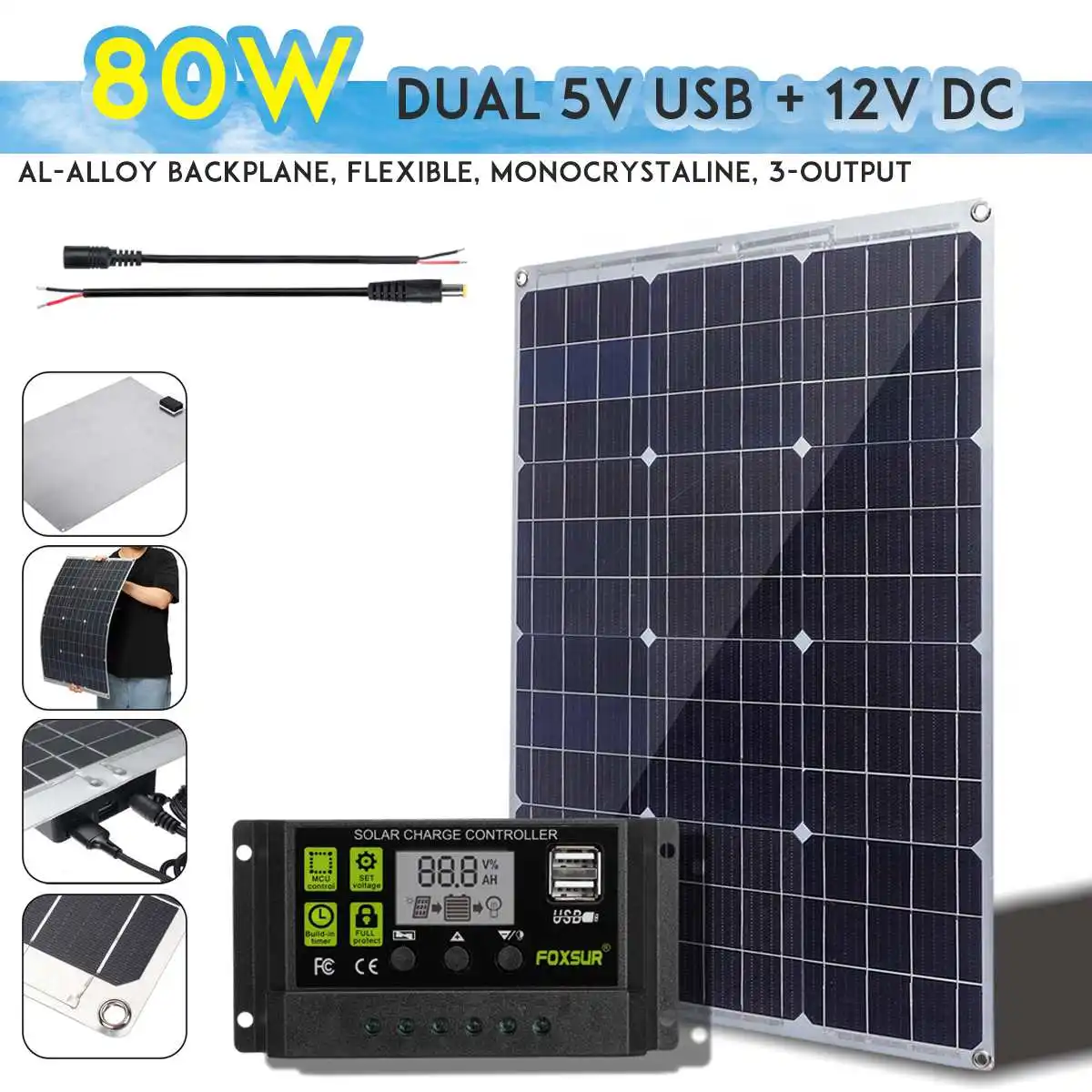 

80W Solar Panel 5V Double USB With 10/20/30A Dual USB Solar Cells Regulator Controller ect for car yacht RV Lights Charger