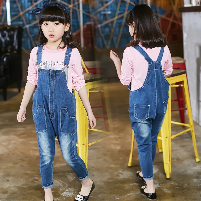 Loose Style Autumn Denim Overalls For Kids Girls 2016 New Style Children Girl Blue Jeans Elegant Jumpsuit Female Denim Bib Pants