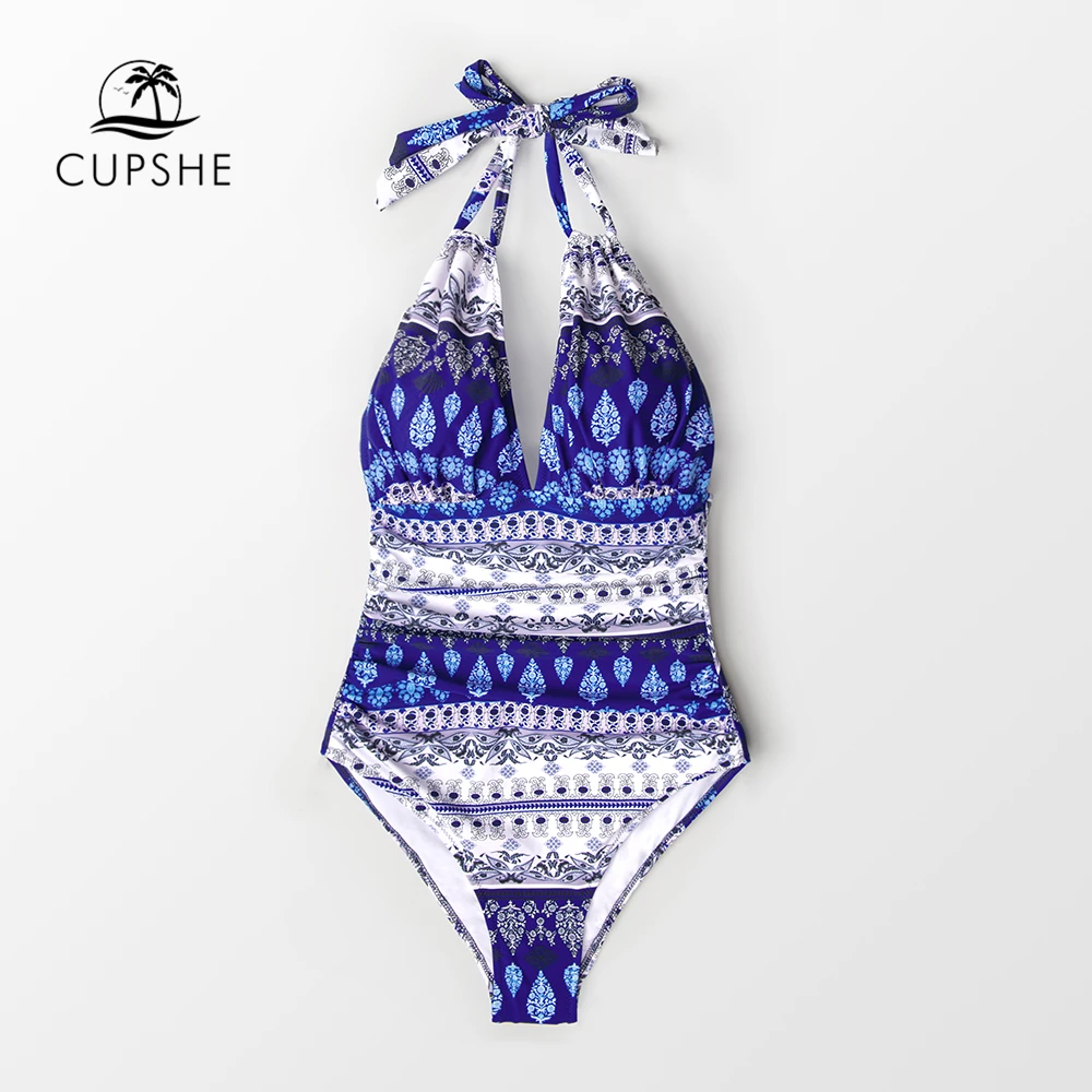 CUPSHE Boho Blue And White Tied Bow Halter One Piece Swimsuit Women Sexy Monokini Swimwear 2019