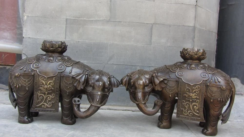 

10 Chinese Folk Feng shui Bronze Lucky Fu Foo Lotus Flower Elephant Statue Pair