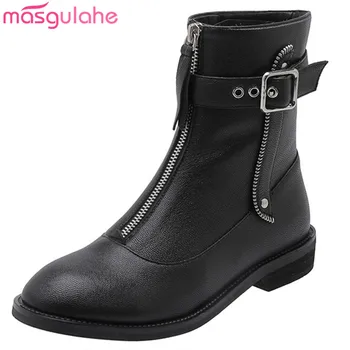 

Masgulahe 2019 high quality genuine leather ankle boots women round toe autumn zip buckle casual shoes woman punk boots black