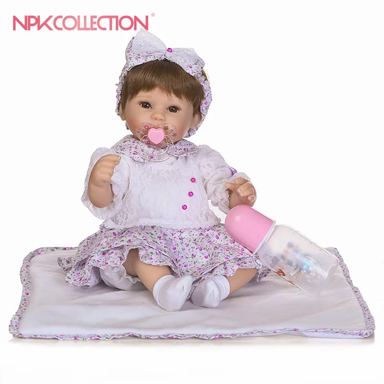 

NPK 2017 NEW 40cm realistic reborn doll in Purple floral skirt suit high quality wig hair doll gift for children