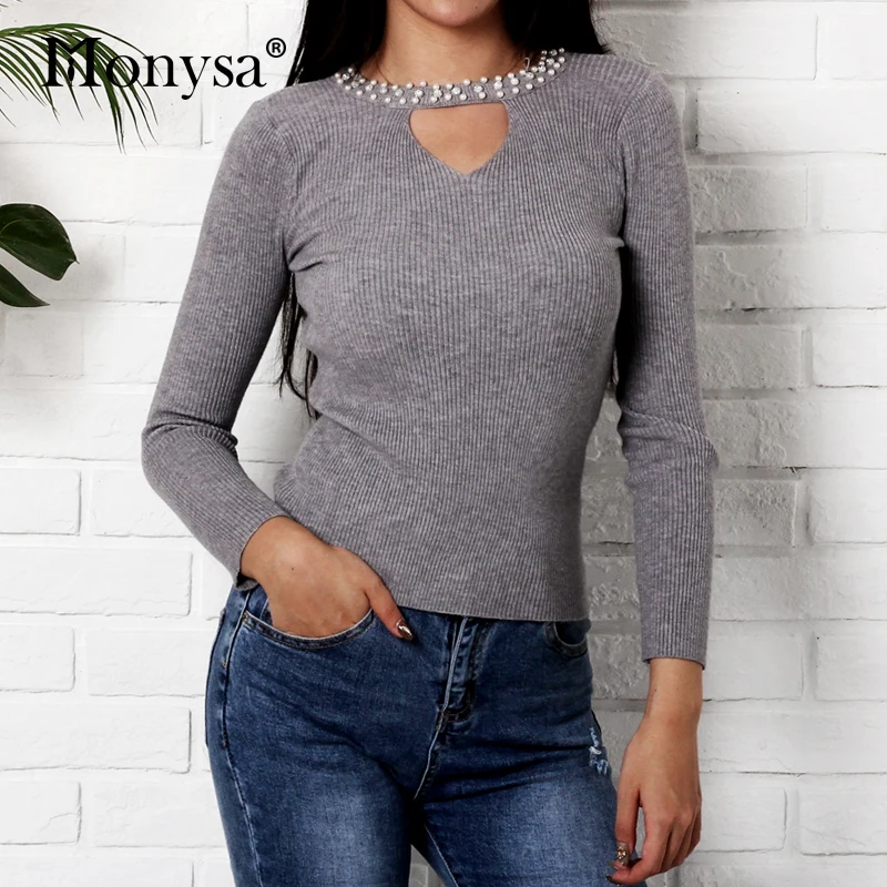 Pearl Sweaters Fashion 2018 Women Hollow Out Long Sleeve Knitted Sweater Pullover Jumper Beading Basic Top Autumn | Женская одежда