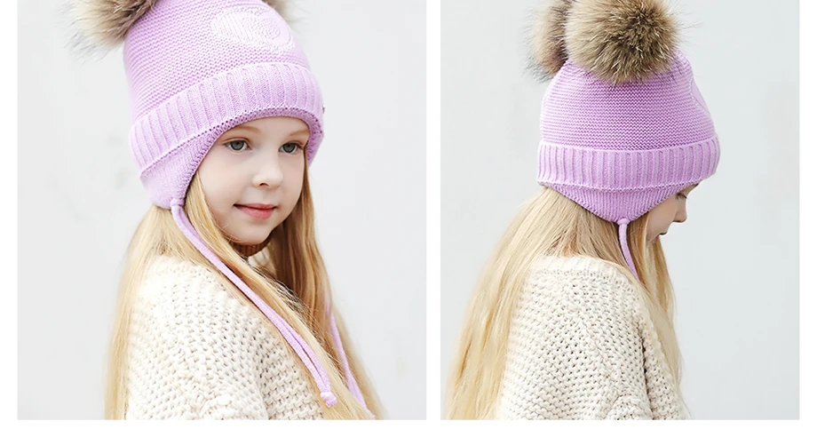 Lovely Girls Beanies Pink Heart-Shaped Rhinestones Knitted Hat With Fur Pom Pom Winter Warm And Thicken Skullies Children Cap (15)
