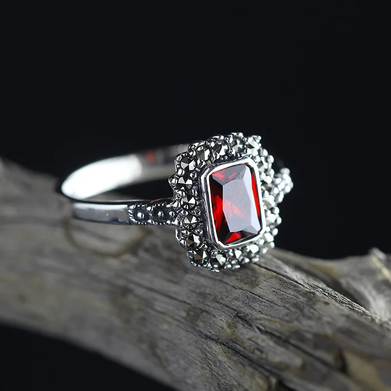 

Authentic Sterling Silver Ring 925 Vintage Gifts For Women Square Red Garent Natural Stone Resizable Fine Jewelry Bague Argent