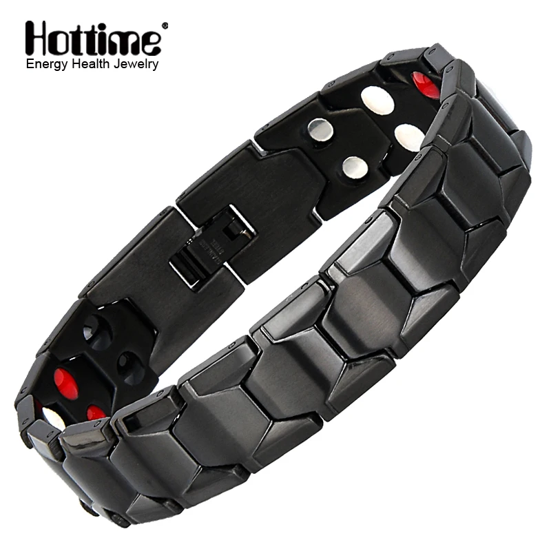 

Hottime Double Row Black Men Health Germanium Negative Ion Magnetic Bracelet Football Design Stainless Steel Bracelets For Man