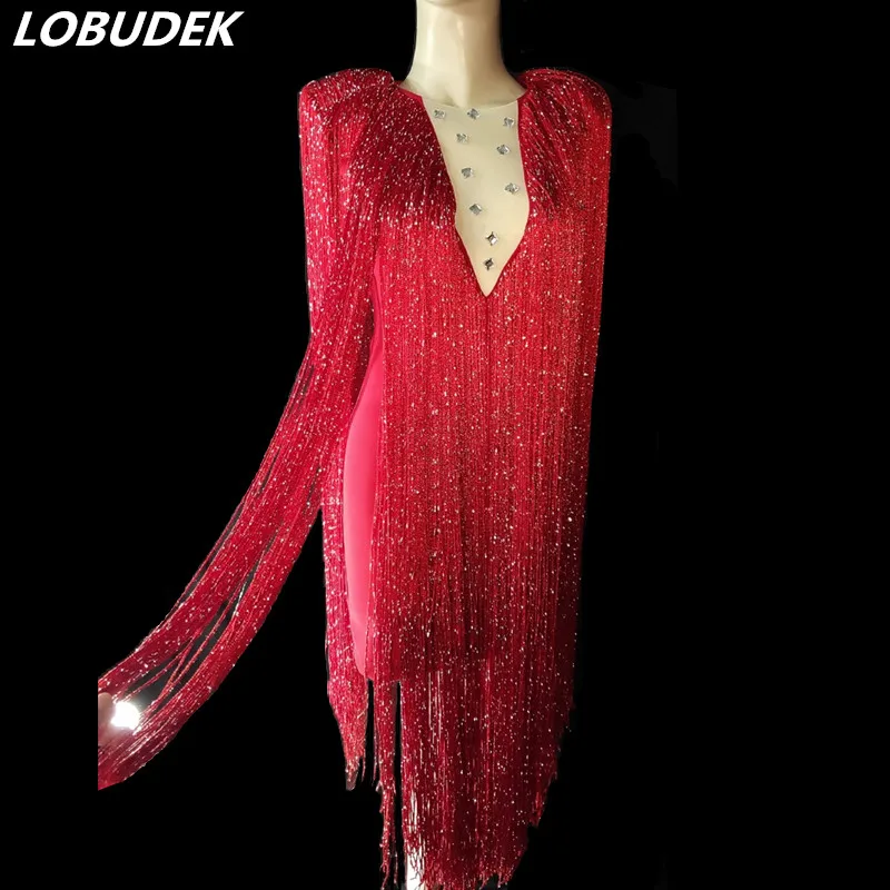 

Women Singer Bar Nightclub Costume Red Green Crystals Long Tassels Dress Host Stage Performance Wear Dance Show Fringes Dress