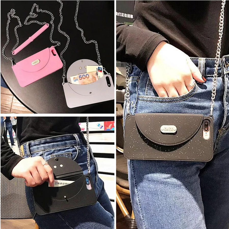 

Luxury women's Wallet Case Cover For iphone 6 6s 7 8 plus X XS MAX XR fashion soft silicon with long strap chain phone bag