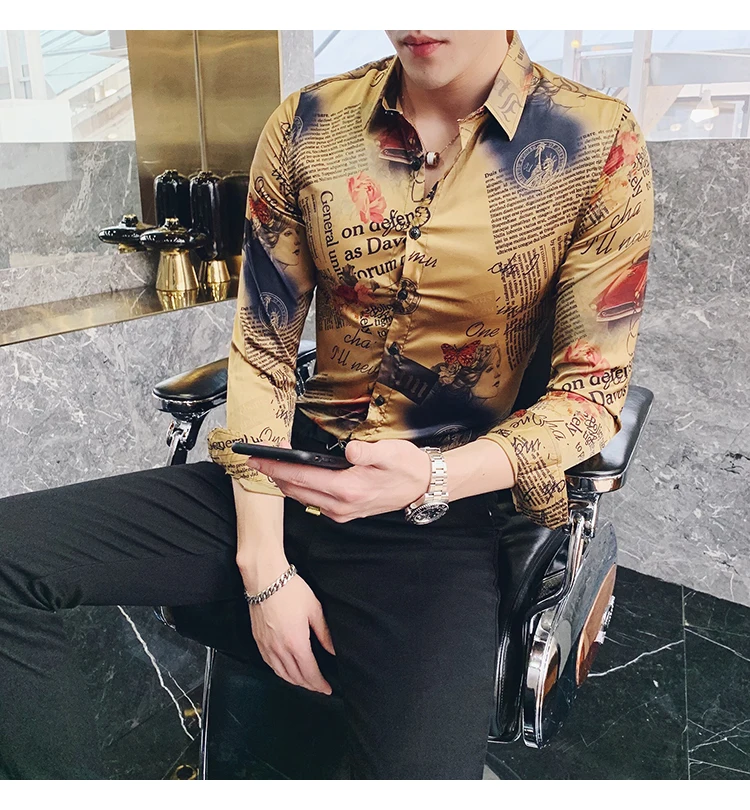 Ретро с газетным принтом рубашки для мальчиков мужские социального клуба платье Slim Fit золото Camiseta цветочный Винтаж костюмы мужс